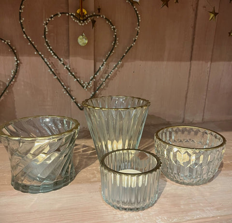 Faceted Glass Tealight Holders with gold rim