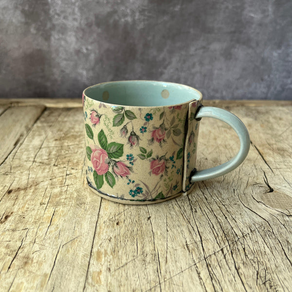 Small Handmade Ceramic Mug by Virginia Graham - Floral with Spots - Duck Egg Blue