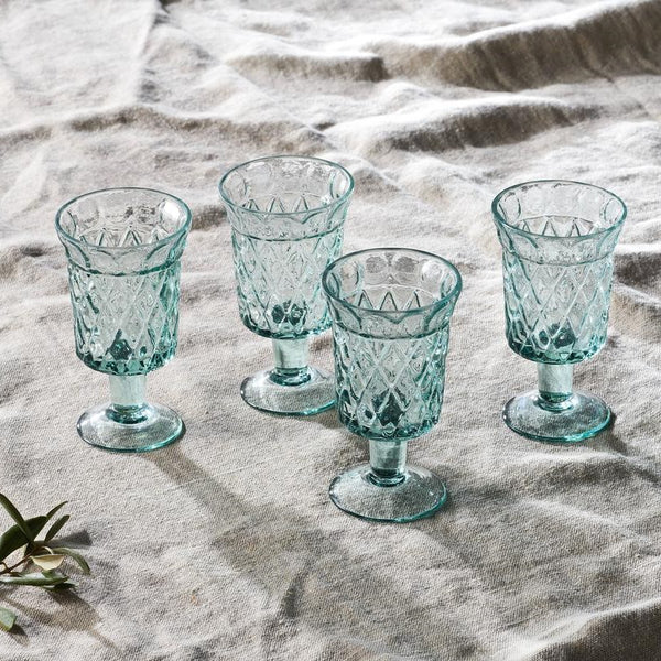 Decorative Embossed Recycled Glass Wine Glasses Set of Four