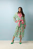 Lightweight summer dressing gown or robe in ikat print greens and pinks