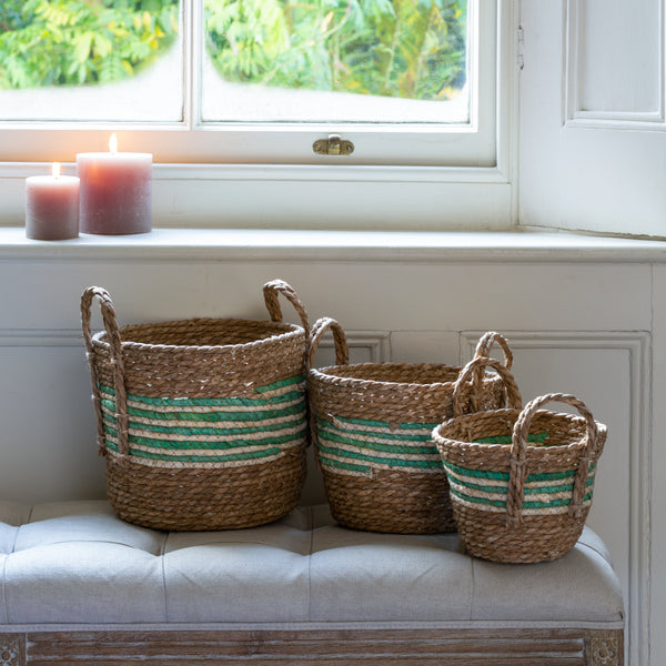 Set of Three Round Straw & Corn Baskets - Green Stripe