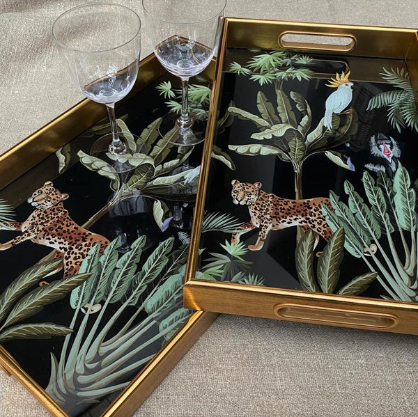 Set of Two Rectangular Mirrored Trays - Parrot Design