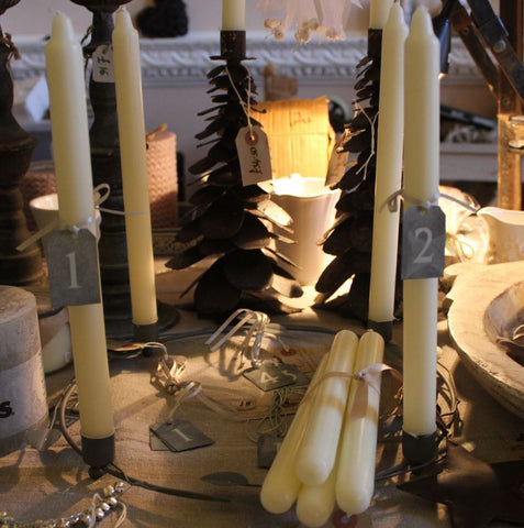 Zinc Advent Tags (1-4), Zinc Leaf Candle Holder, Ivory Candles - Greige - Home & Garden - Chiswick, London W4 