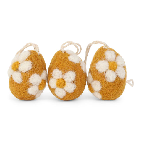 Set of Three Hanging Yellow Felt Eggs with Flower Embroidery