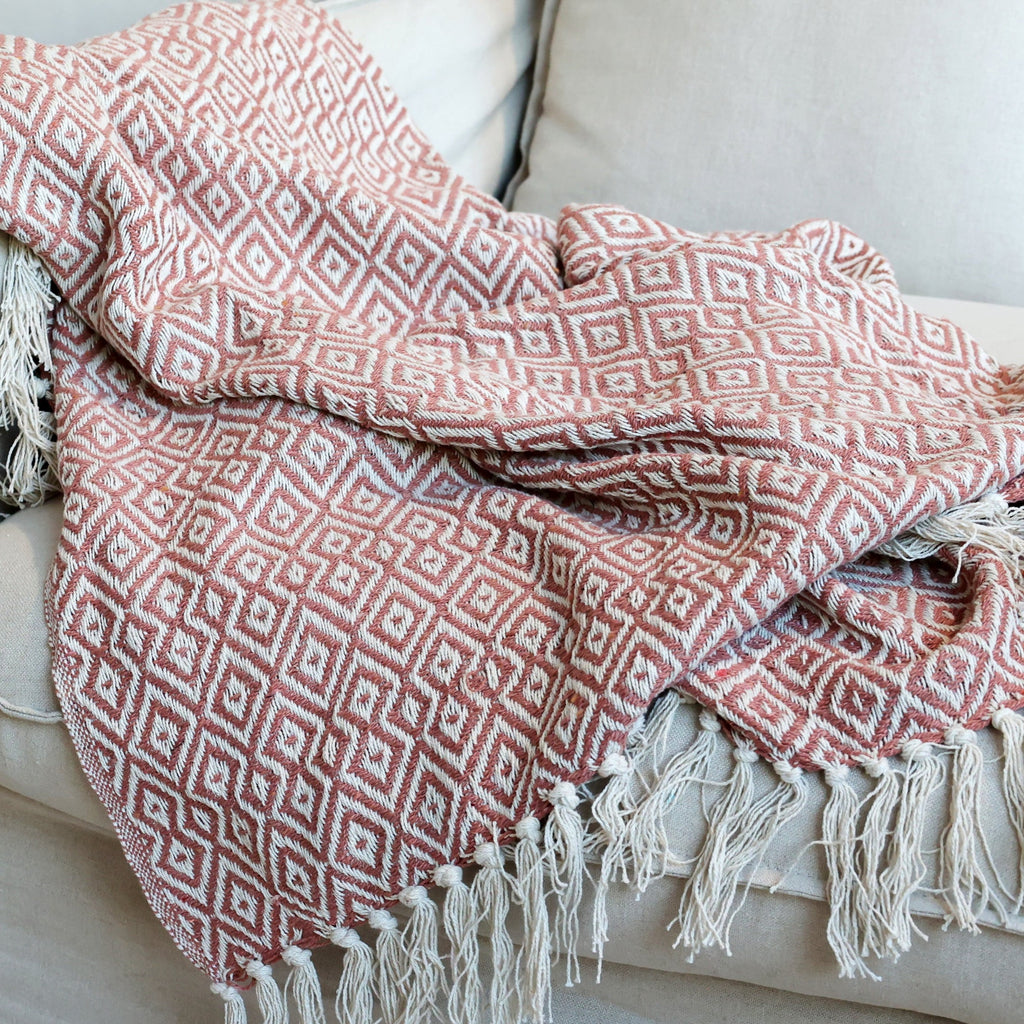 Cotton Raspberry Throw Recycled Cotton Throw - Raspberry Gingham or Rose Diamond