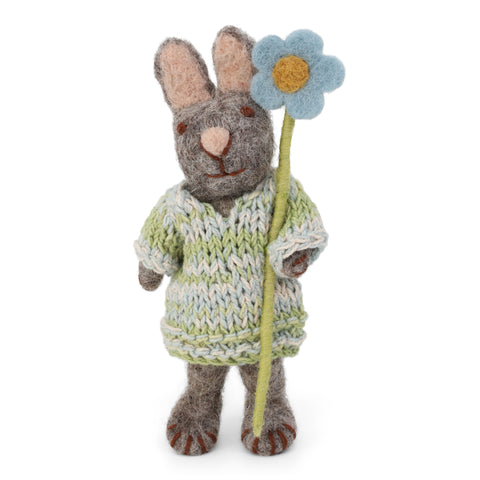 Grey Felt Bunny with Knitted Dress and Blue Anemone Flower - 13cm