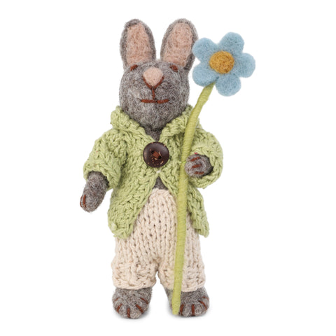 Grey Felt Bunny with Knitted Jacket and Pants with Blue Anemone Flower - 13cm