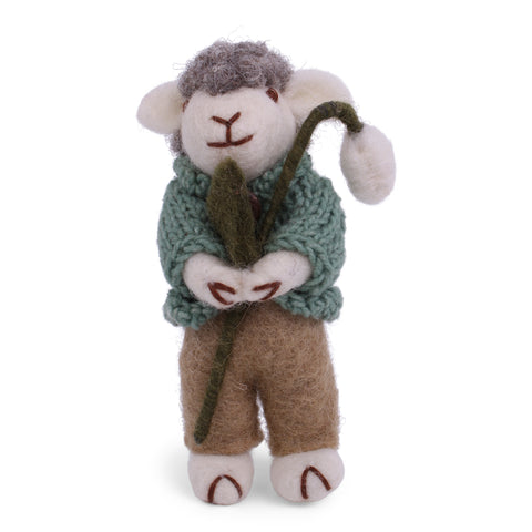 Grey Felt Sheep with Green Knitted jacket and Snowdrop - 13cm (with hanging cord)<br>