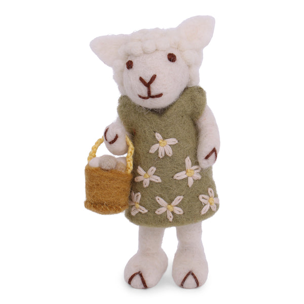 Grey Felt Sheep with Green Knitted Dress and Egg Basket - 11cm