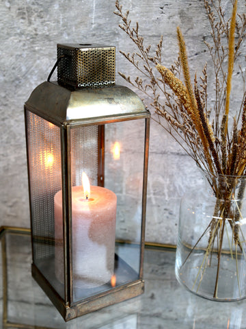 Antiqued Brass Lantern with Perforated Metal Side - Two Sizes