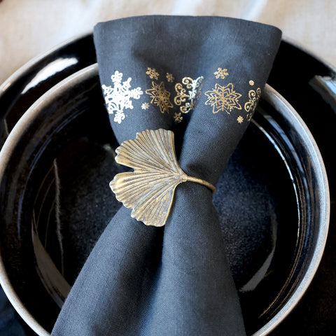 Napkin Ring with a Single Gingko Leaf - Set of Four - Antique Brass