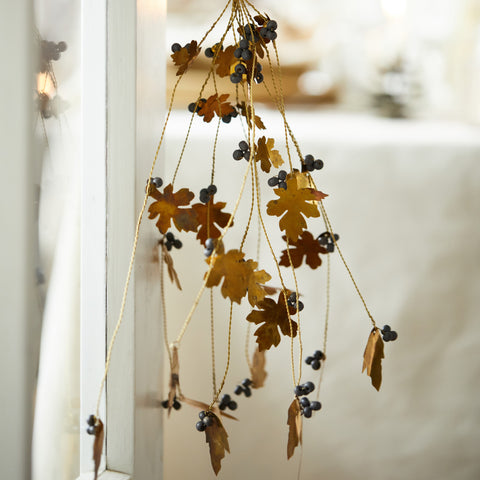 Hanging Brass Oak Leaves and Black Berries Bunch