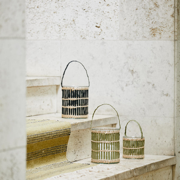 Rattan and Glass Lantern - Green - Two Size Options