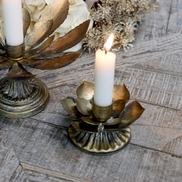 Short Antique Brass Leaves Candle Holder