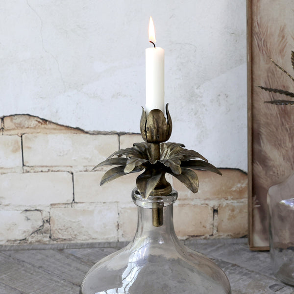 Antique Brass Flower Bottle-Top Candleholder