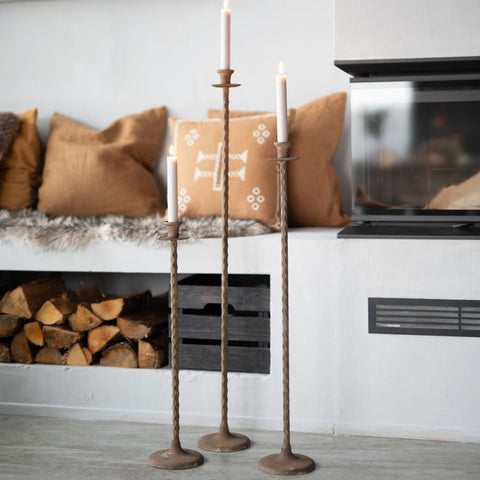 Tall Rust Effect Twisted Iron Candlestick - Three Size Options