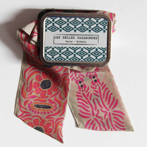 Mini Hand-Printed Silk Bandeau Scarf in Decorative Reusable Tin - Camelia Fuchsia