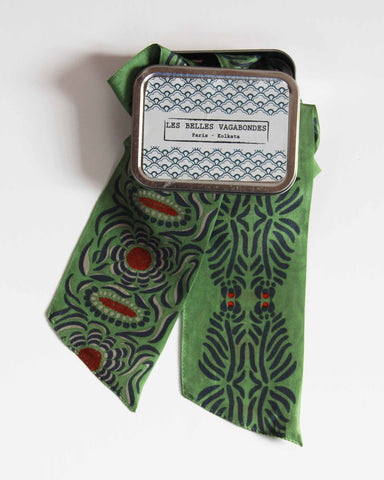 Mini Hand-Printed Silk Bandeau Scarf in Decorative Reusable Tin - Camelia Khaki