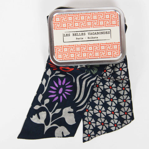 Mini Hand-Printed Silk Bandeau Scarf in Decorative Reusable Tin - Clematis Navy