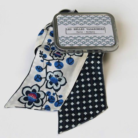 Mini Hand-Printed Silk Bandeau Scarf in Decorative Reusable Tin - Cotton Club Blue