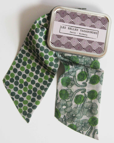 Mini Hand-Printed Silk Bandeau Scarf in Decorative Reusable Tin - Laos Green