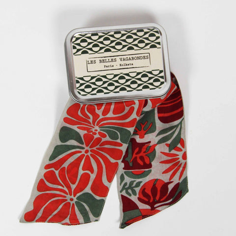 Mini Hand-Printed Silk Bandeau Scarf in Decorative Reusable Tin - Ylang Ylang Orange