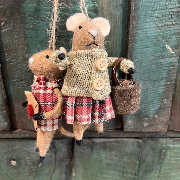 Beige Mice Felt Decorations - Pair - Red Jacket