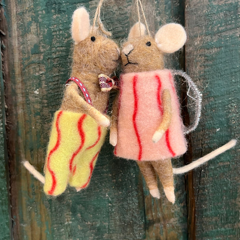 Beige Mice Felt Decorations - Pair - Silver Wings