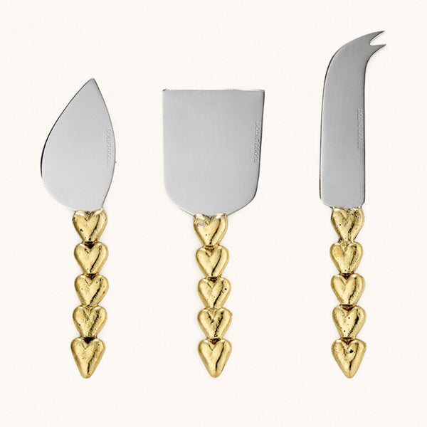 Boxed Set of Three Recycled Brass Cheese Knives - Hearts Design