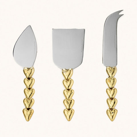Boxed Set of Three Recycled Brass Cheese Knives - Hearts Design