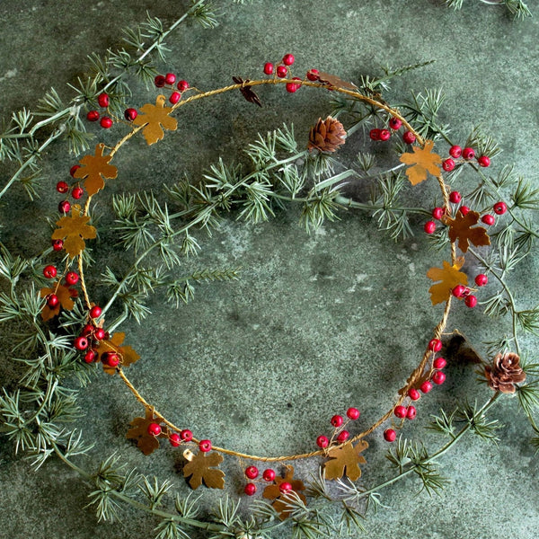 Brass Oak Leaf and Red Berries Wreath