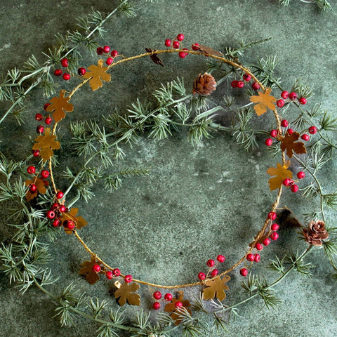 Brass Oak Leaf and Red Berries Wreath