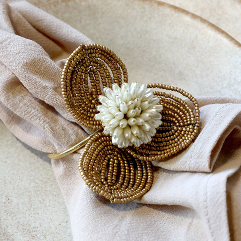Brass and Pearl Beaded Flower Napkin Rings - Set of Four