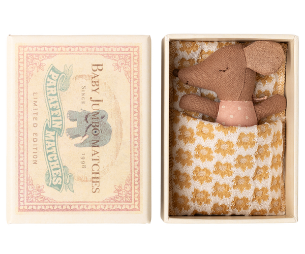 Maileg Baby Girl Sleepy Wakey Mouse in a Matchbox - Rose