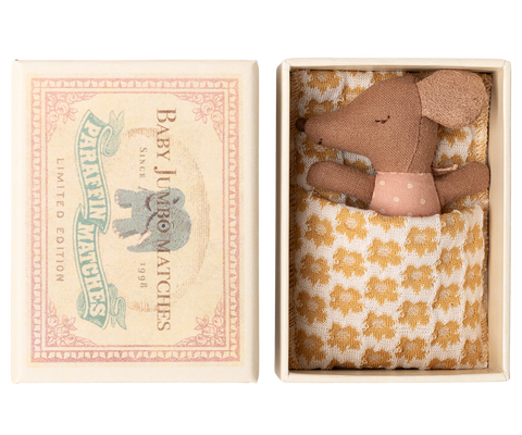 Maileg Baby Girl Sleepy Wakey Mouse in a Matchbox - Rose