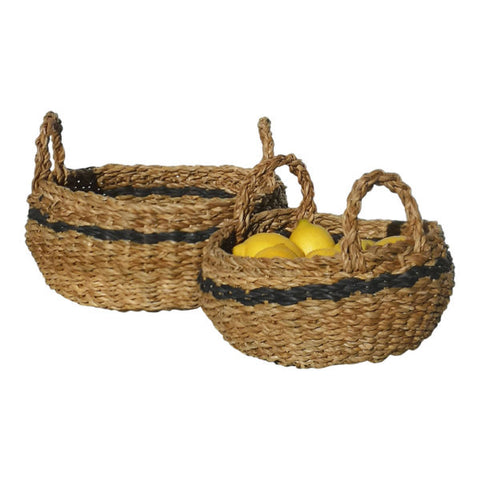 Set of Three Round Hogla Baskets with Black Stripe and Handles