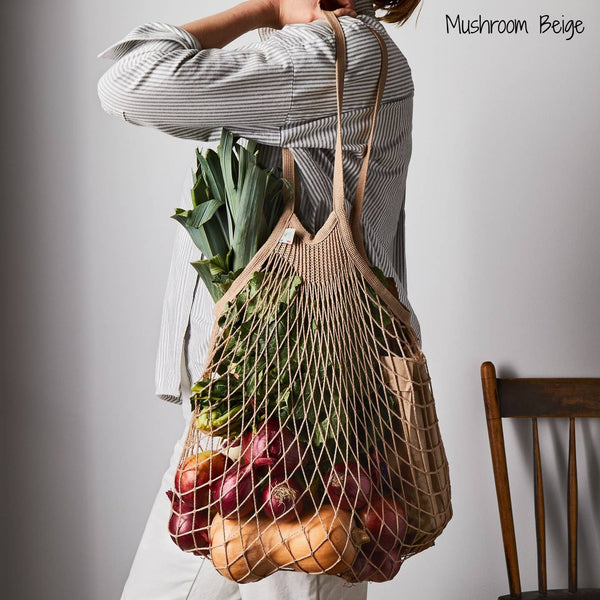 Classic French String Market Bag - Regular Size - Long Handles - Mushroom Beige Mastic