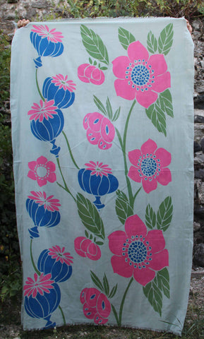 Hand-Printed Large Organic Cotton Rectangular Scarf - Poppy Pastel