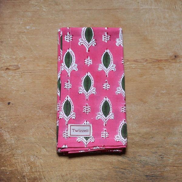 Cotton Block-Printed Pink with Green Leaf Napkins - Set of Four