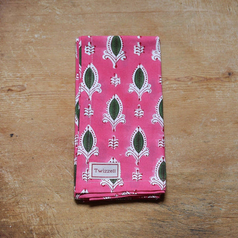 Cotton Block-Printed Pink with Green Leaf Napkins - Set of Four
