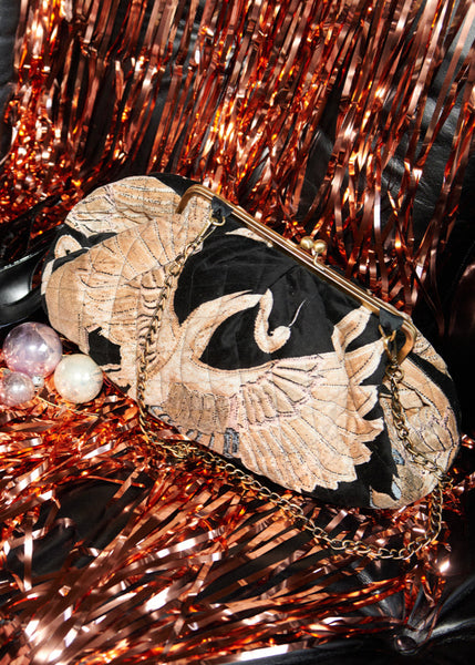 Large Quilted Velvet Kiss Lock Bag - Crane Black - One Hundred Stars