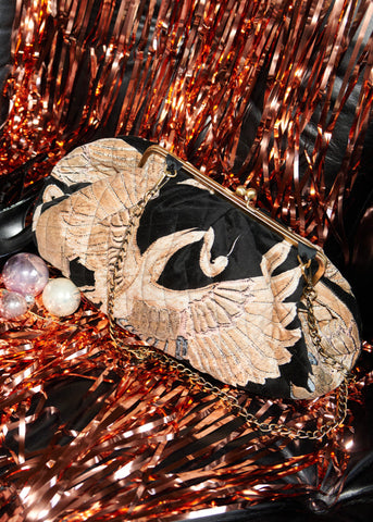 Large Quilted Velvet Kiss Lock Bag - Crane Black - One Hundred Stars