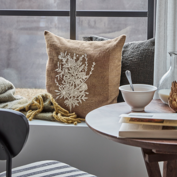 Emboidered Cotton Cushion - Floral Design, with Feather Insert