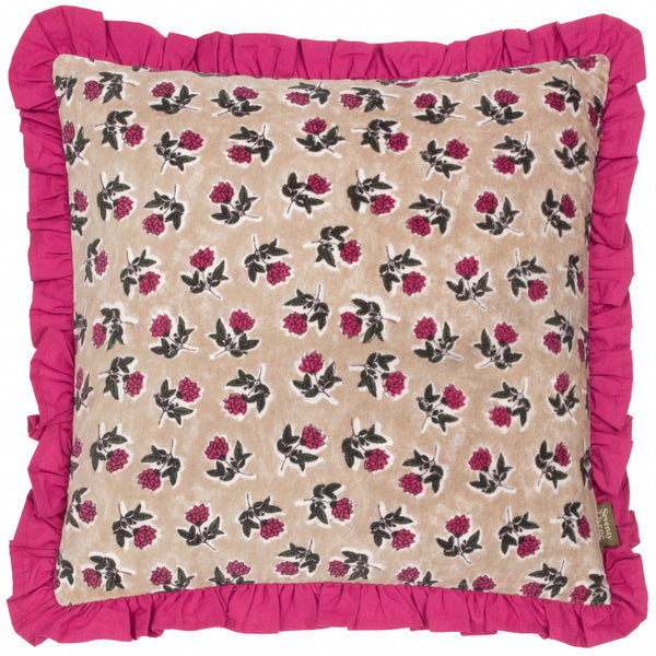 Floral Cotton Velvet Cushion with Ruffled Trim - Violet/Cerise