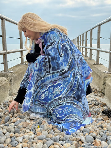 Forever Blue Embroidered Wool Scarf from Jo Edwards