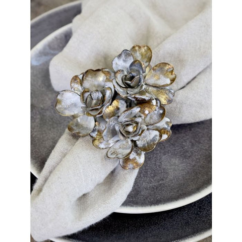 Four Frosty Flower Antique Brass Napkin Rings