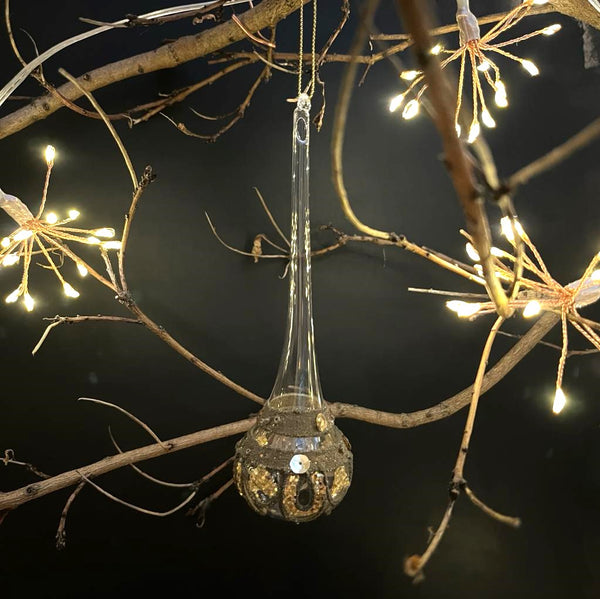 Handmade Glass Bauble - Antiqued Gold Glitter Drop - 16cm