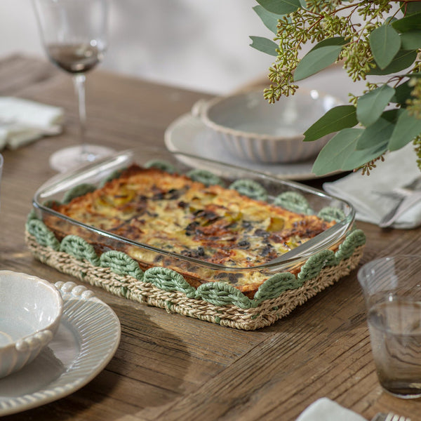 Glass Oven to Table Dish with Woven Grass Rope Serving Tray - Rectangular