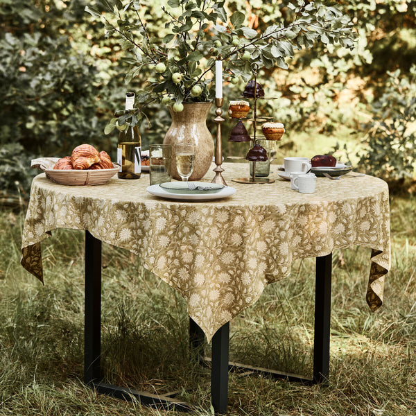Green Floral Hand-Printed Cotton Tablecloth - 140 x 260 cm
