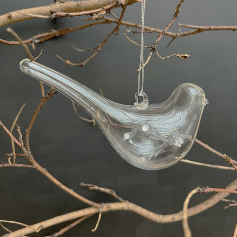 Handmade Glass Bauble - Bird with Etched Branch and Sequins